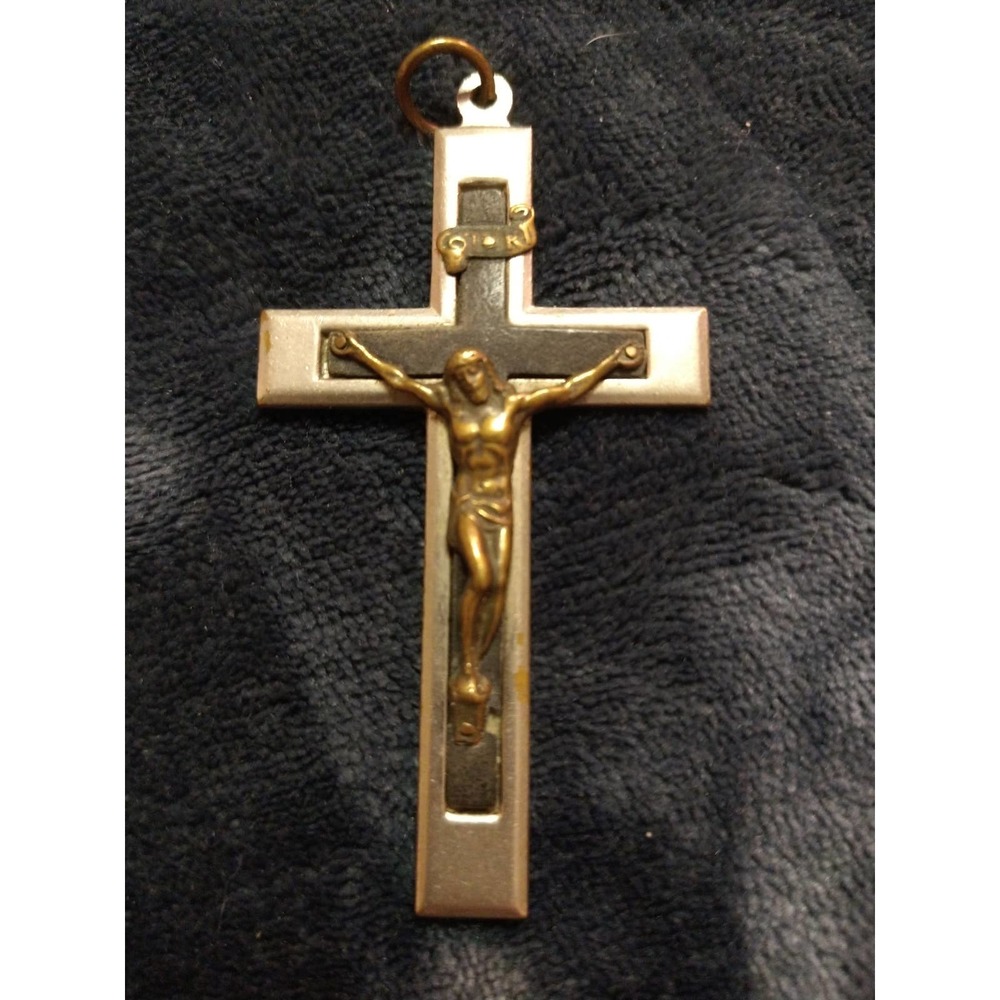 Antique French pectoral crucifix sacred heart ebony wood inlay